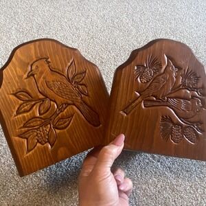 Vintage Carved Wood Cardinal Bookends Set Rustic Nature Bird Decor Brown